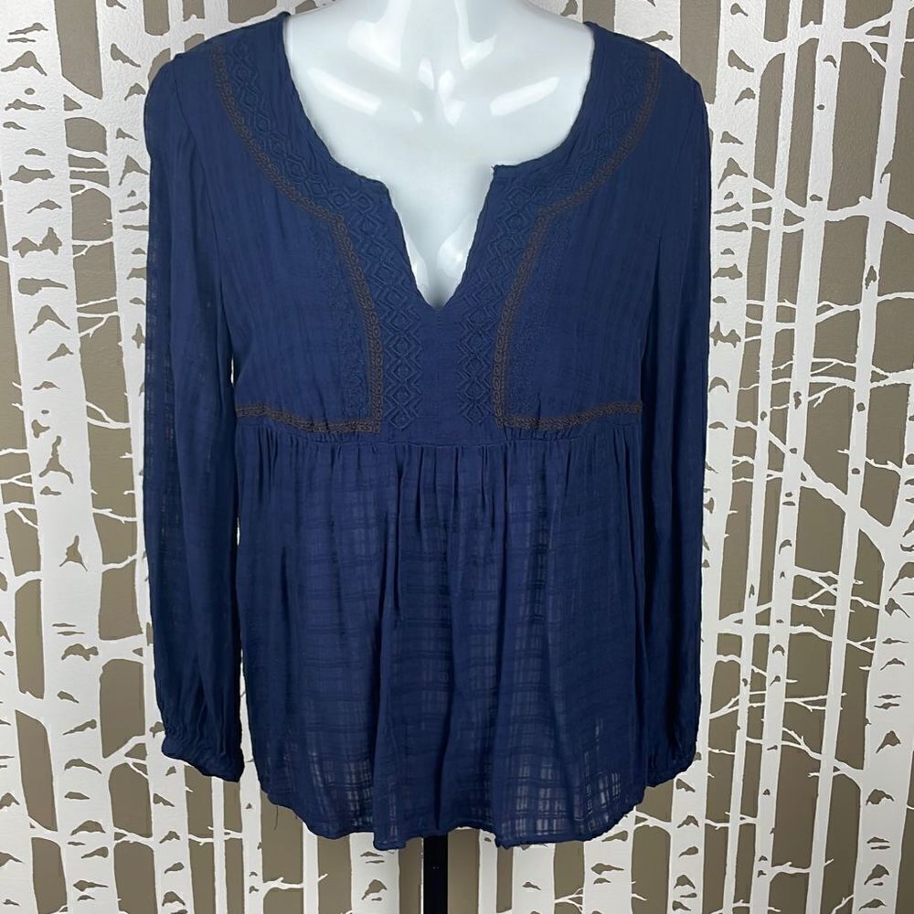 Knox Rose Navy Blue Semi Sheer Embroidered Top sz XS